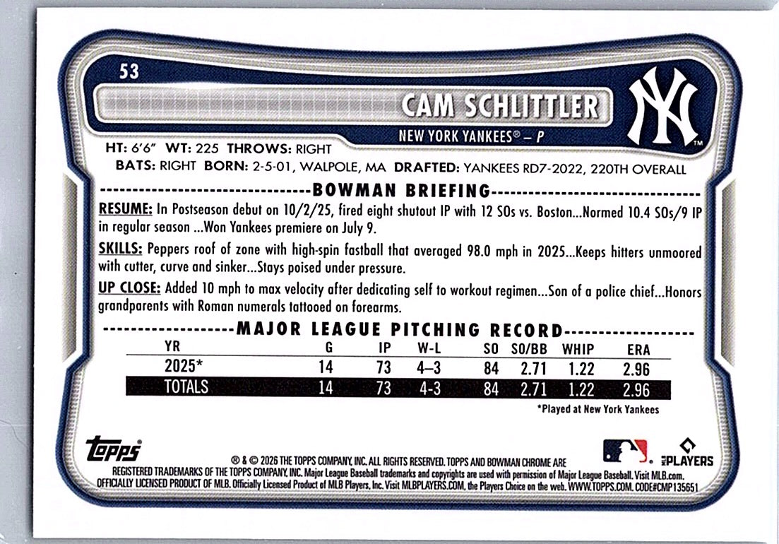 2026 Bowman Cam Schlittler #53 Chrome Mojo Refractors New York Yankees