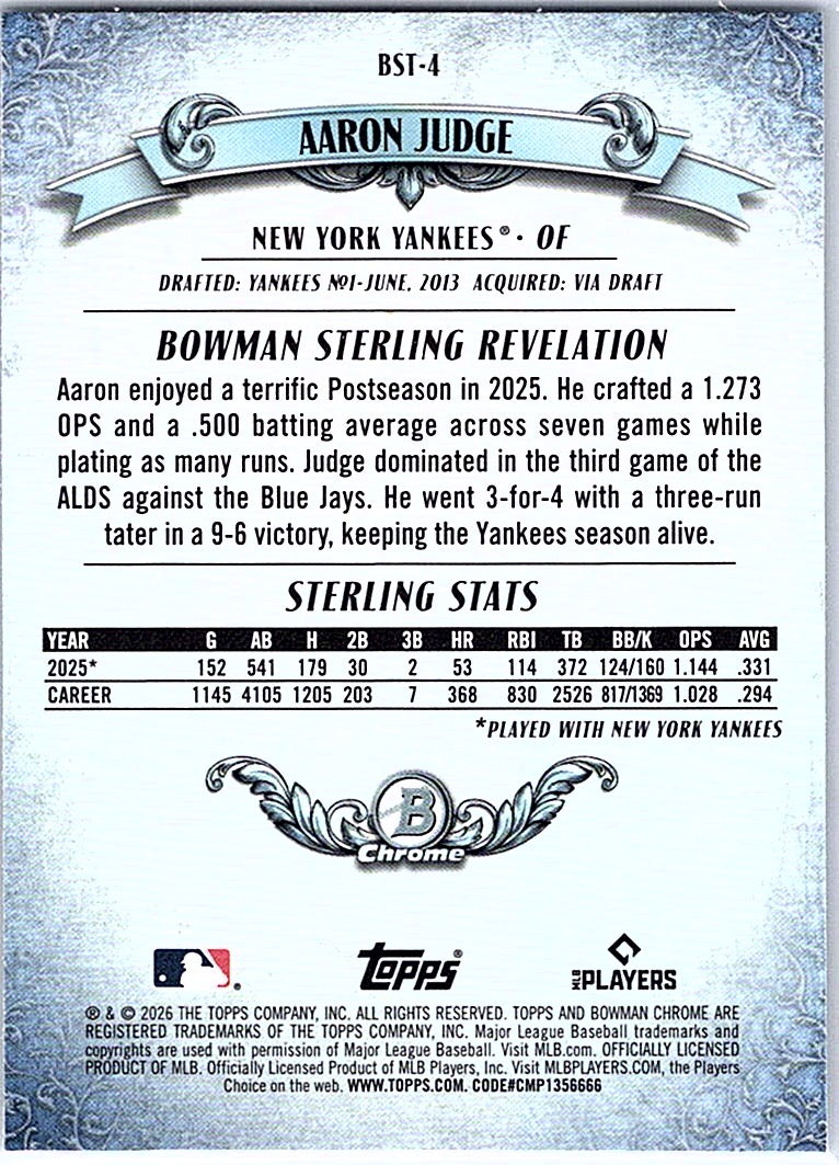 2026 Bowman Aaron Judge #BST-4 Bowman Sterling Mojo Refractors New York Yankees