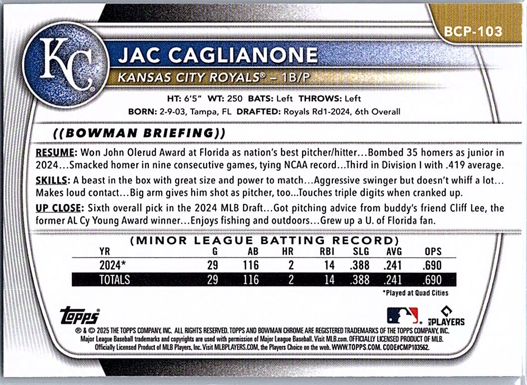 2025 Bowman Jac Caglianone #BCP-103 Chrome Prospects Mojo Refractor Royals