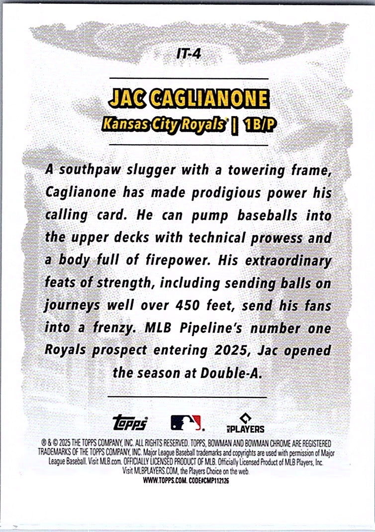 2025 Bowman Chrome Jac Caglianone #IT-4 It Came To The League Kansas City Royals