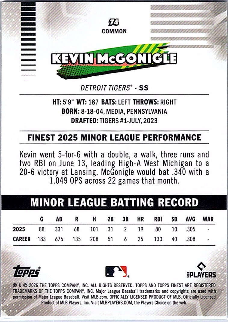 2026 Finest Kevin McGonigle #74 Geometric Refractors Detroit Tigers