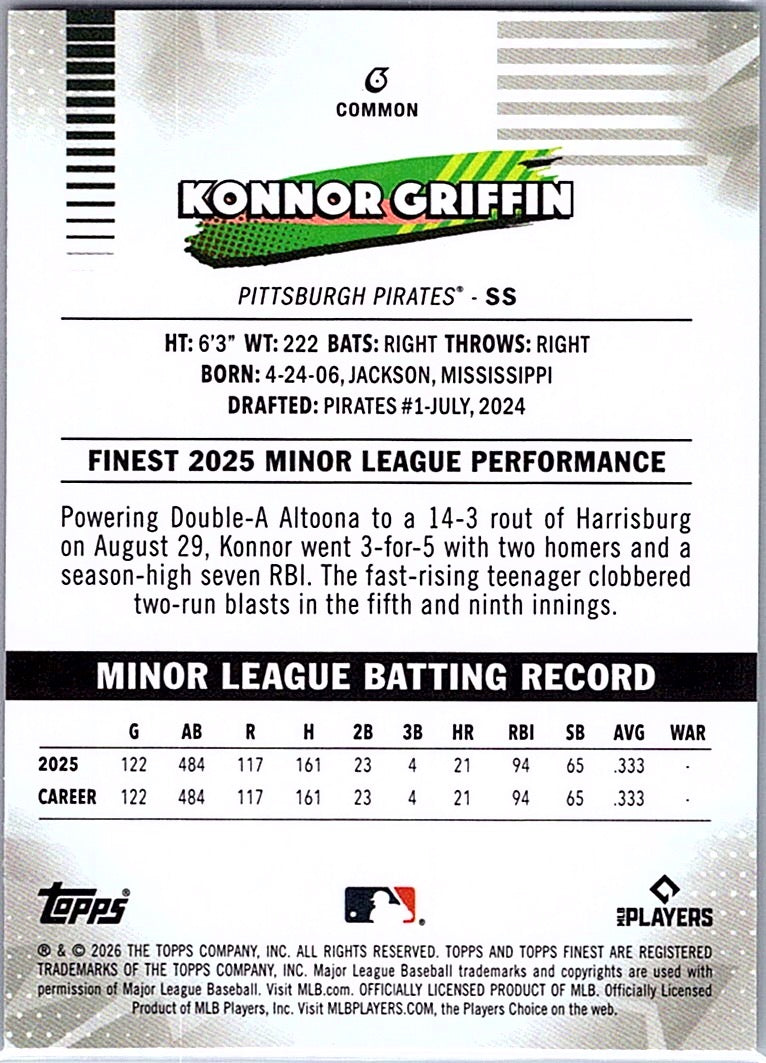 2026 Finest Konnor Griffin #6 Pink Refractors Pittsburgh Pirates #/250