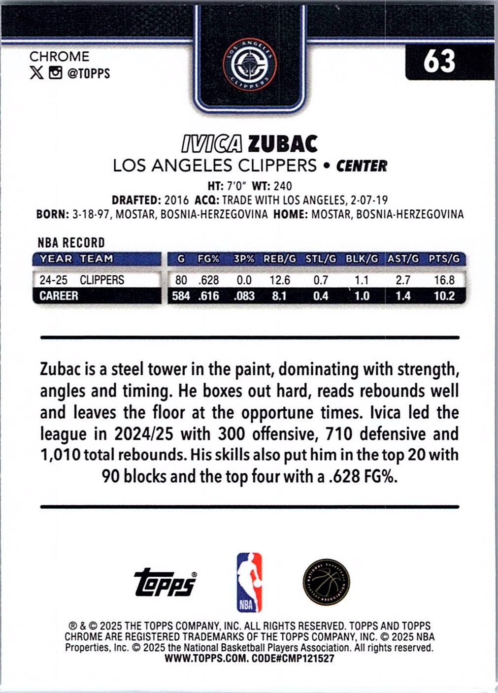 2025-26 Topps Chrome Ivica Zubac #63 Los Angeles Clippers