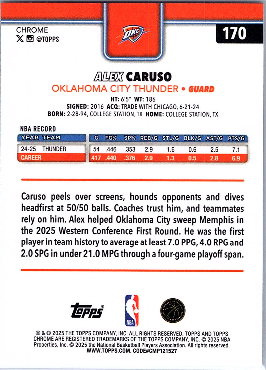 2025-26 Topps Chrome Alex Caruso #170 Oklahoma City Thunder