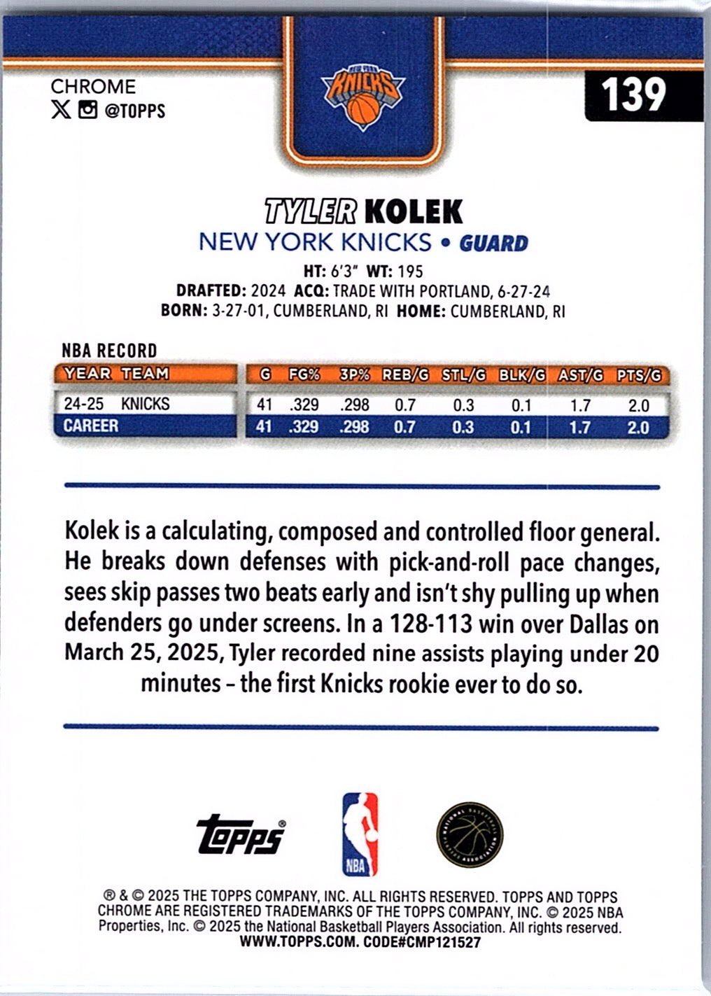 2025-26 Topps Chrome Tyler Kolek #139 New York Knicks