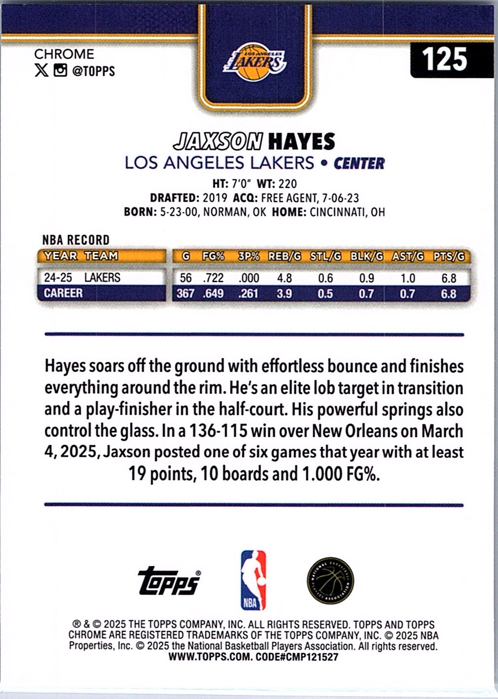 2025-26 Topps Chrome Jaxson Hayes #125 Los Angeles Lakers