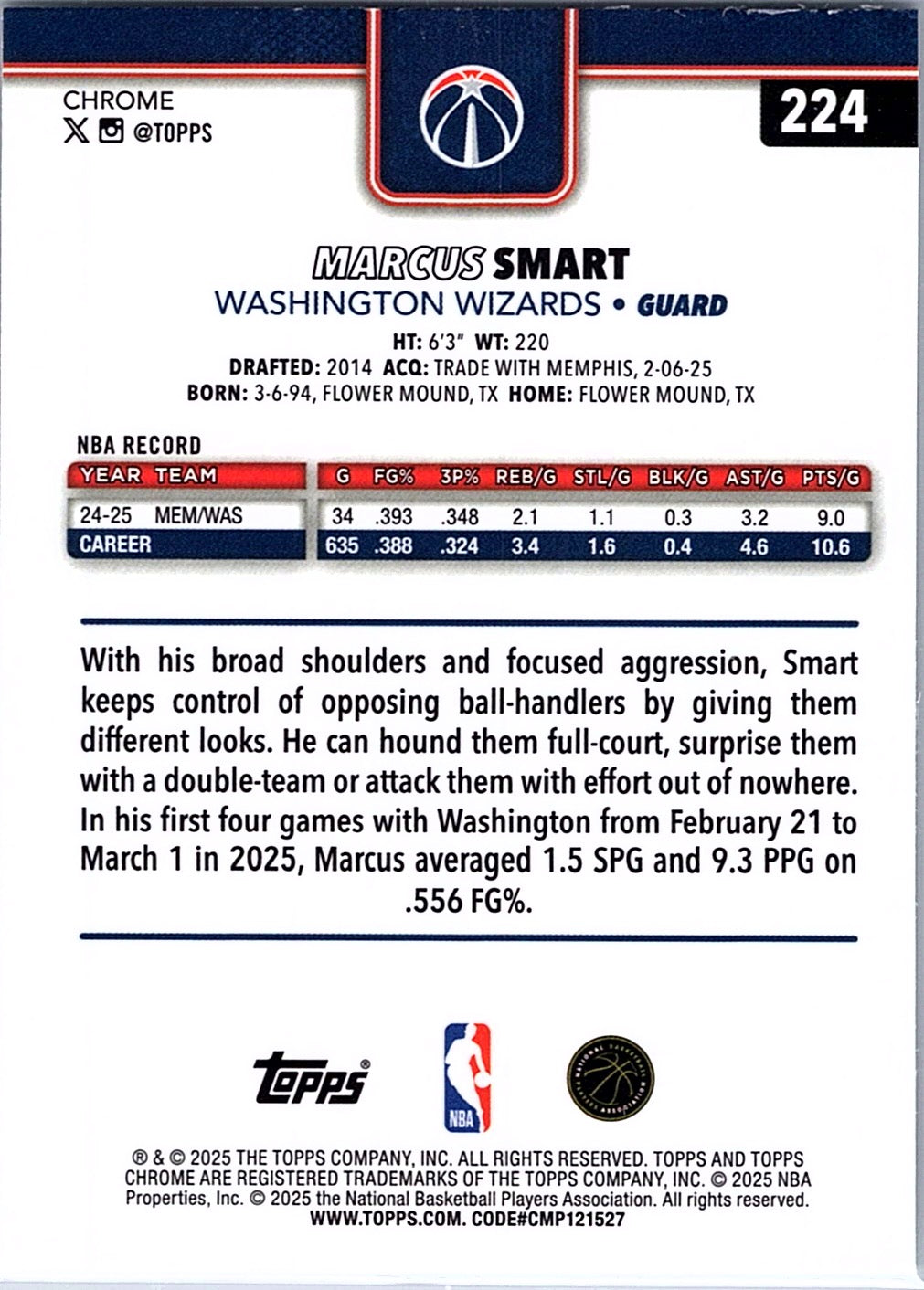 2025-26 Topps Chrome Marcus Smart #224 Washington Wizards