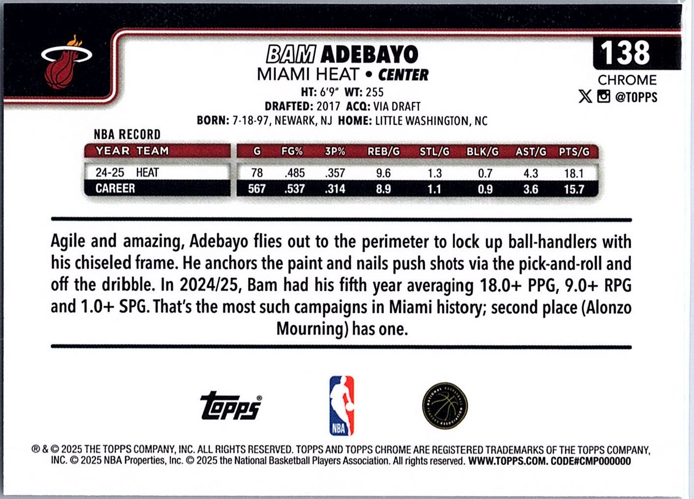 2025-26 Topps Chrome Bam Adebayo #138 Miami Heat