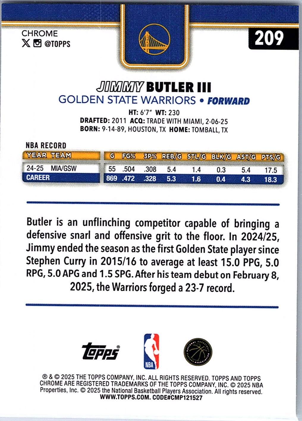 2025-26 Topps Chrome Jimmy Butler III #209 Golden State Warriors