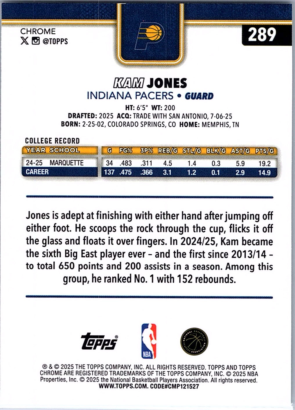 2025-26 Topps Chrome Kam Jones #289 Indiana Pacers