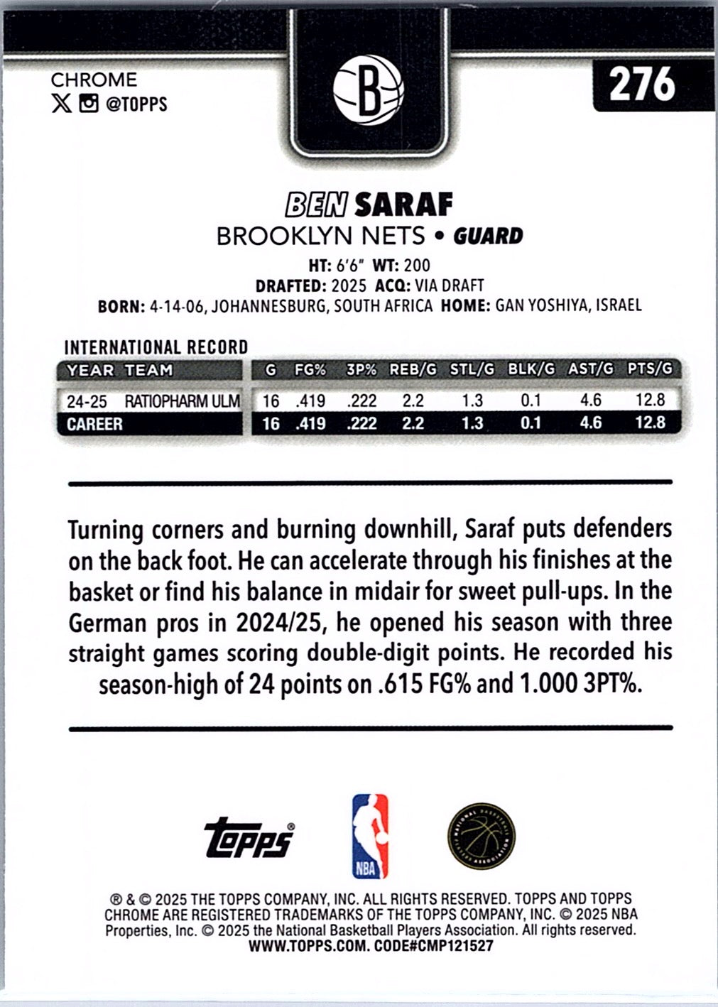 2025-26 Topps Chrome Ben Saraf #276 Brooklyn Nets