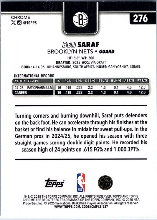 2025-26 Topps Chrome Ben Saraf #276 Brooklyn Nets