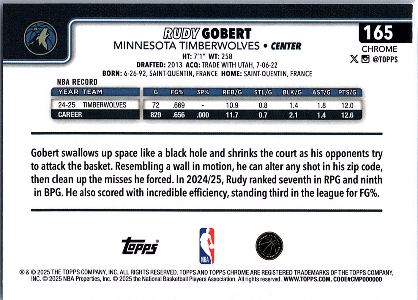 2025-26 Topps Chrome Rudy Gobert #165 Minnesota Timberwolves