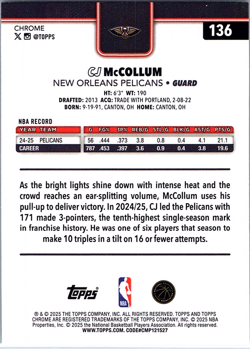2025-26 Topps Chrome CJ McCollum #136 New Orleans Pelicans