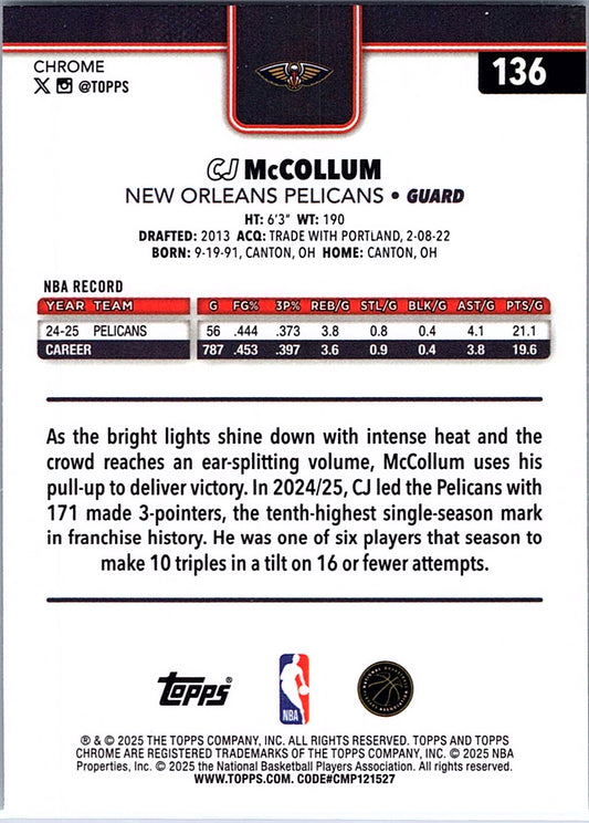 2025-26 Topps Chrome CJ McCollum #136 New Orleans Pelicans