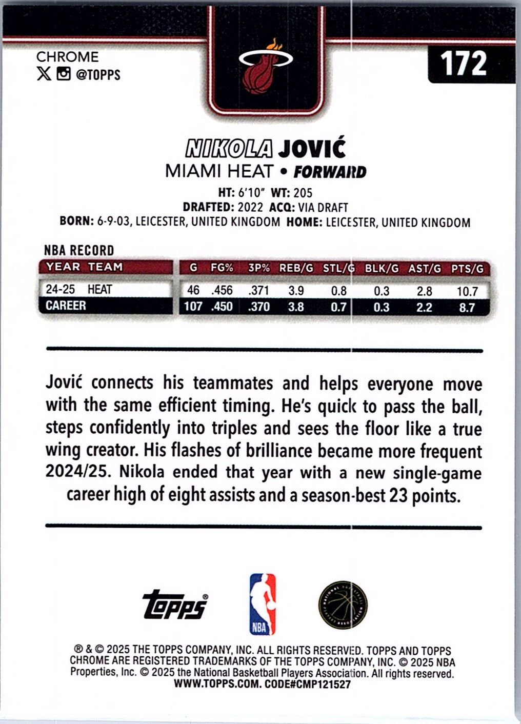2025-26 Topps Chrome Nikola Jović #172 Miami Heat
