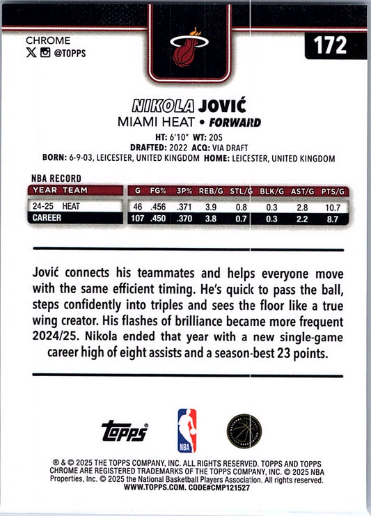 2025-26 Topps Chrome Nikola Jović #172 Miami Heat