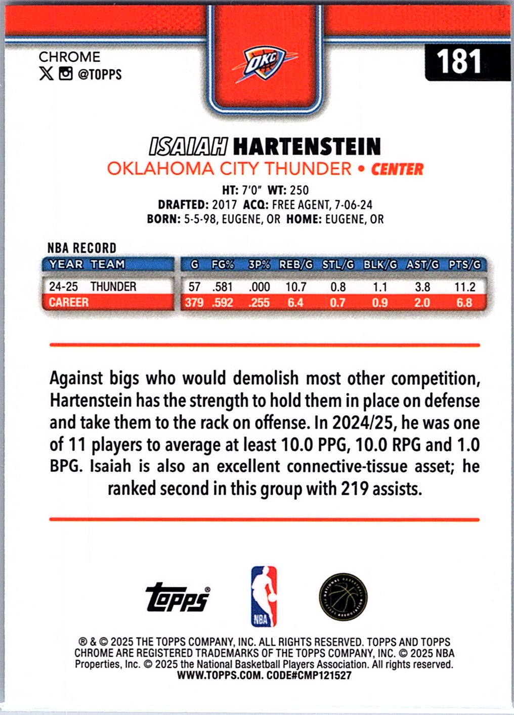 2025-26 Topps Chrome Isaiah Hartenstein #181 Oklahoma City Thunder