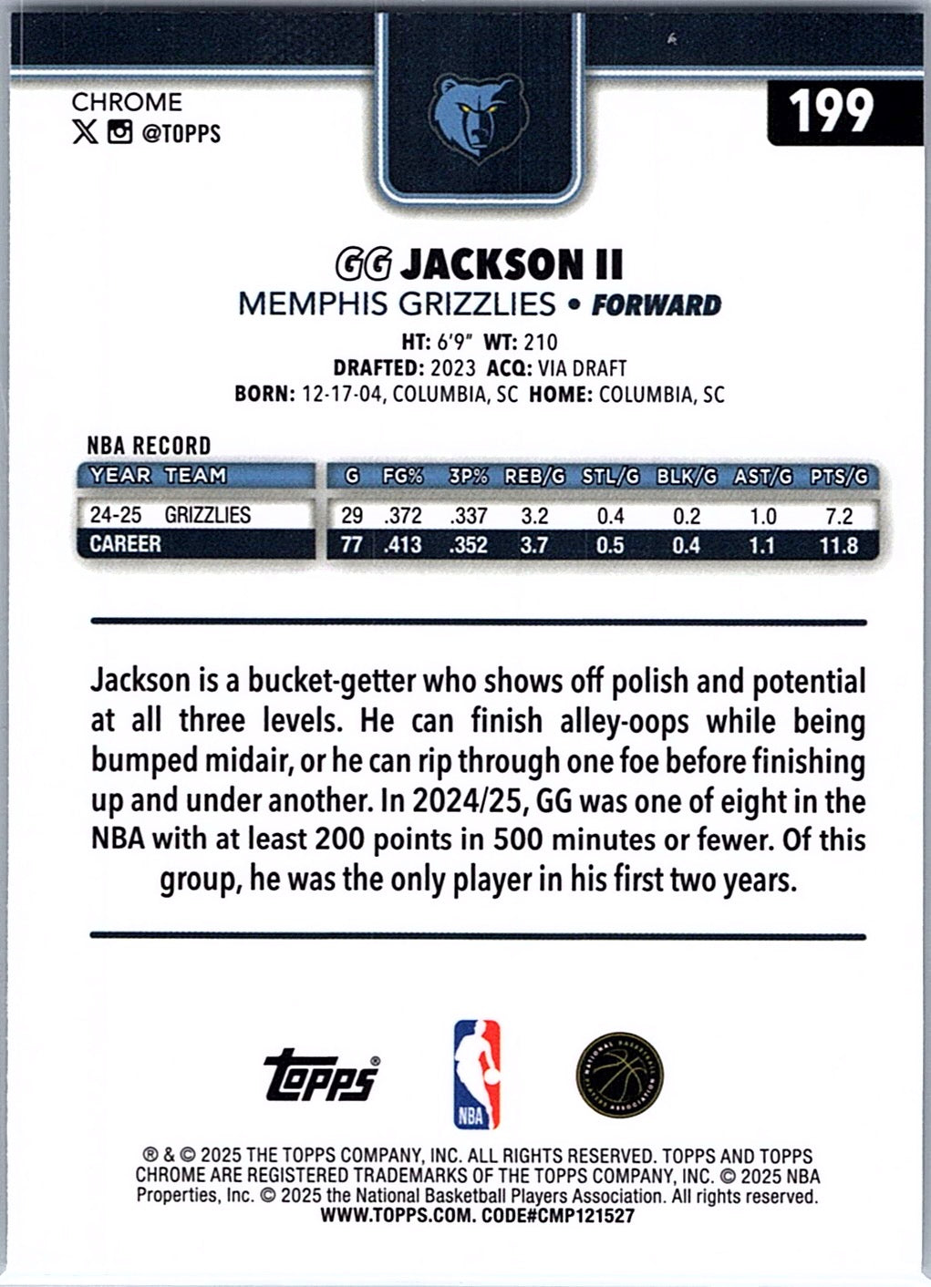 2025-26 Topps Chrome GG Jackson II #199 Memphis Grizzlies