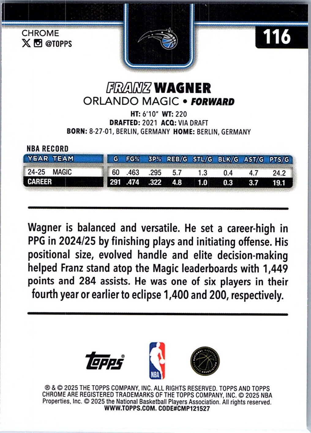 2025-26 Topps Chrome Franz Wagner #116 Orlando Magic