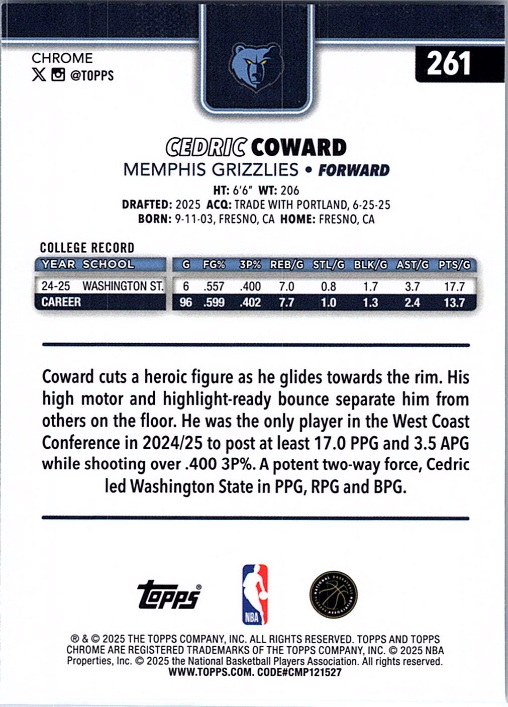 2025-26 Topps Chrome Cedric Coward #261 Memphis Grizzlies