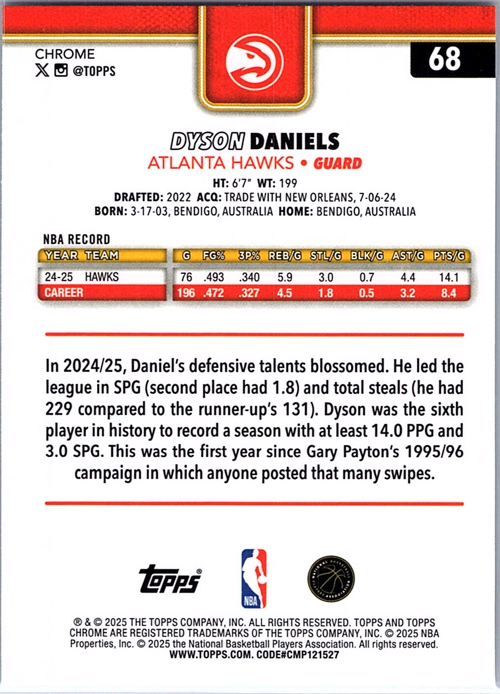 2025-26 Topps Chrome Dyson Daniels #68 Atlanta Hawks