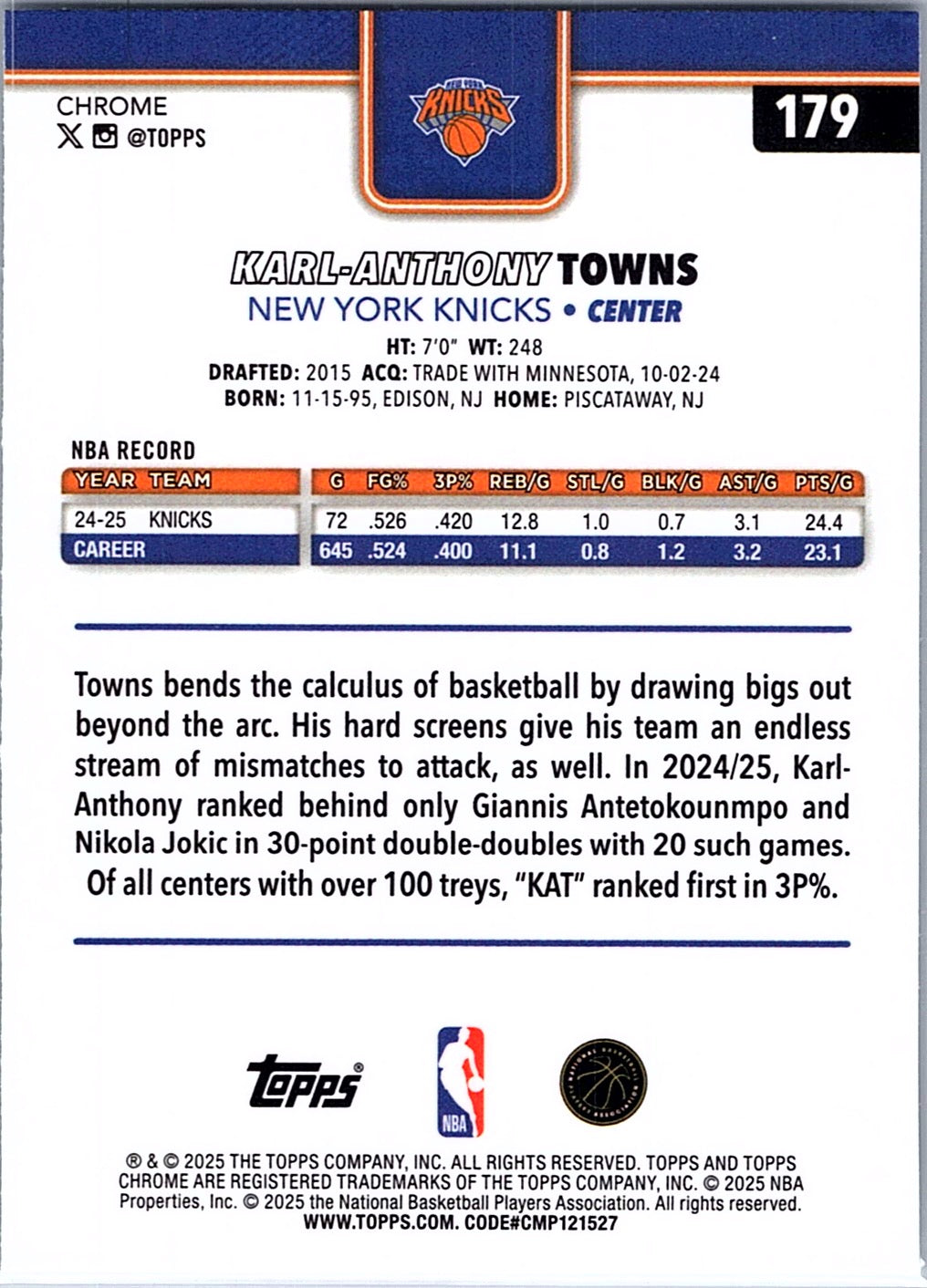 2025-26 Topps Chrome Karl-Anthony Towns #179 New York Knicks