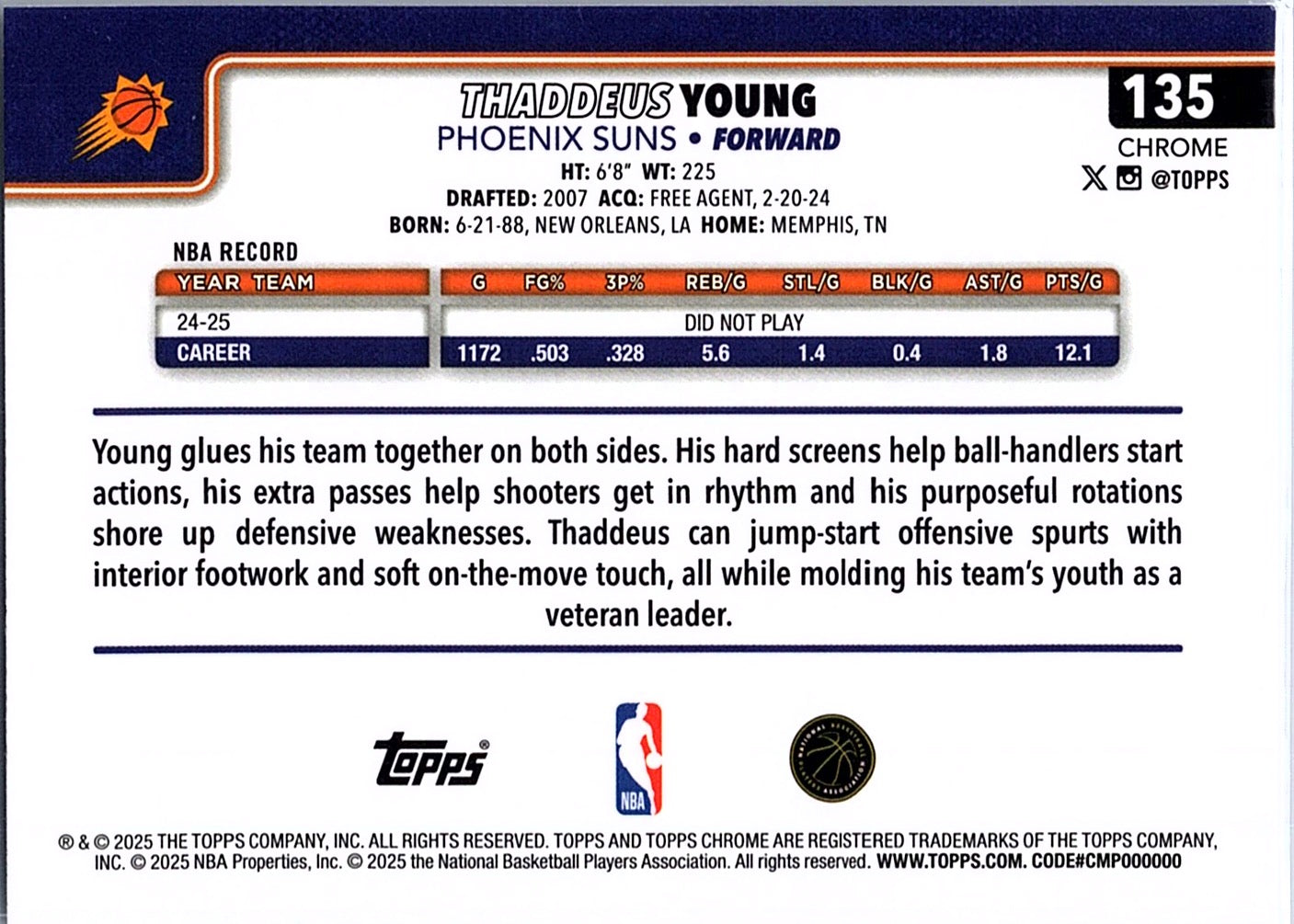 2025-26 Topps Chrome Thaddeus Young #135 Phoenix Suns