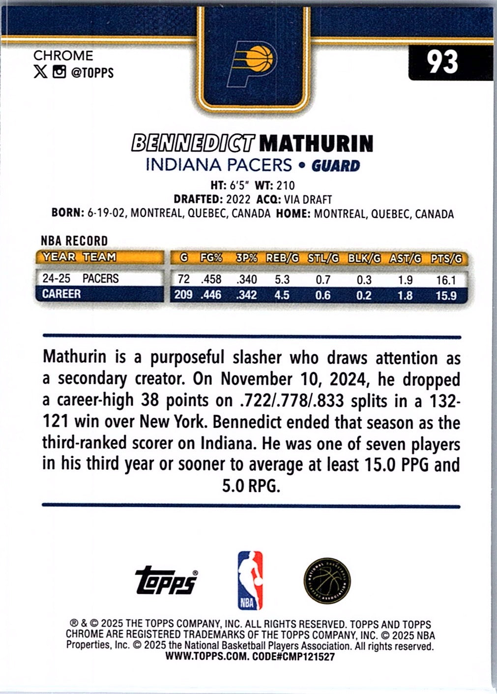 2025-26 Topps Chrome Bennedict Mathurin #93 Indiana Pacers