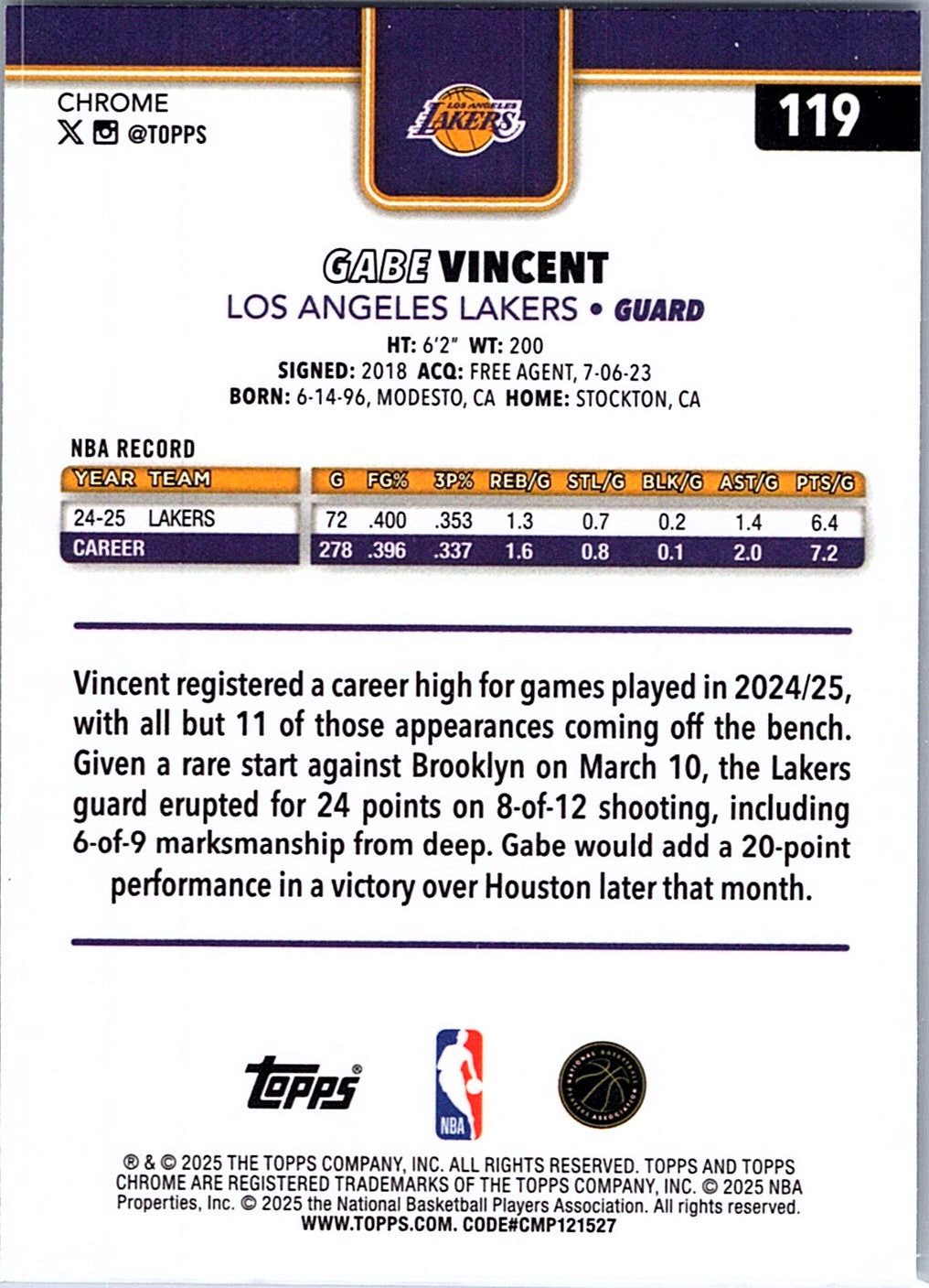 2025-26 Topps Chrome Gabe Vincent #119 Los Angeles Lakers