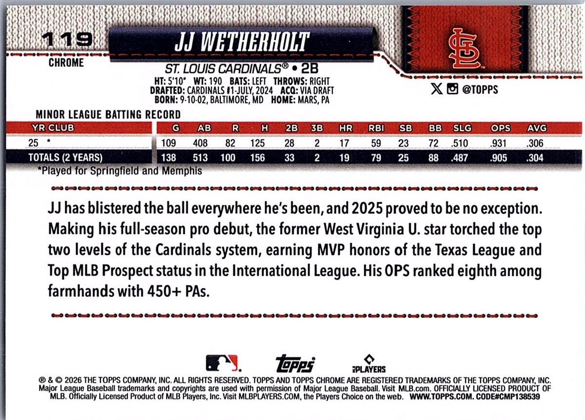 2026 Topps Chrome JJ Wetherholt #119 St. Louis Cardinals
