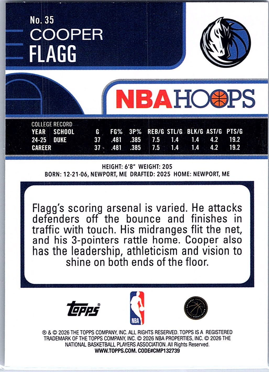 2025-26 Hoops Cooper Flagg #35 Rainbow Dallas Mavericks