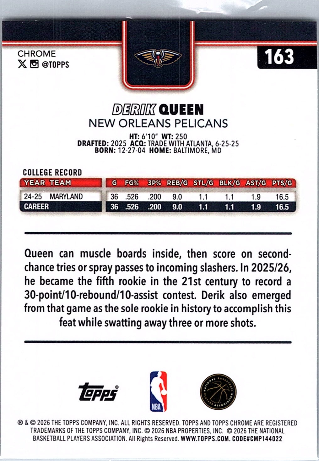 2025-26 Topps Chrome Update Derik Queen #163 Yellow RayWave Pelicans #/275