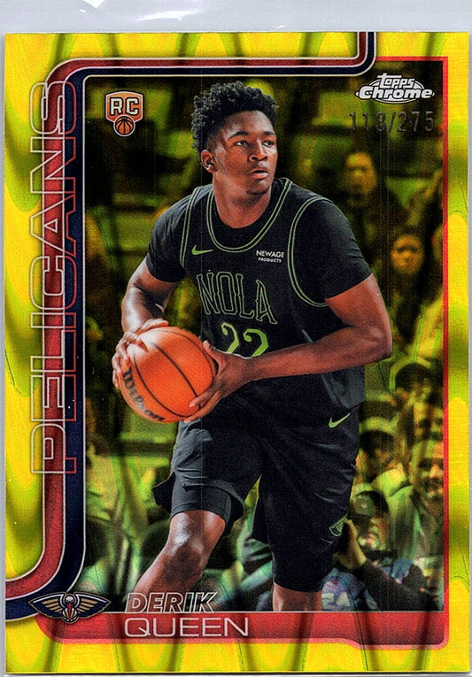 2025-26 Topps Chrome Update Derik Queen #163 Yellow RayWave Pelicans #/275