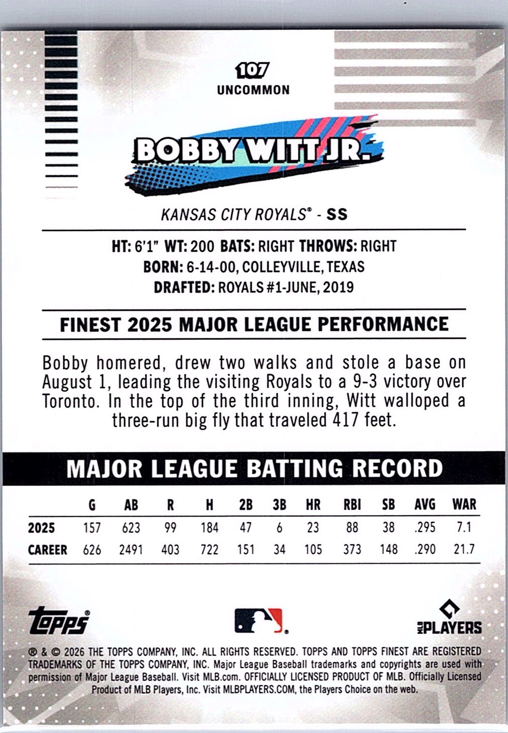 2026 Finest Bobby Witt Jr. #107 White Mini-Diamond Refractors Royals #/30