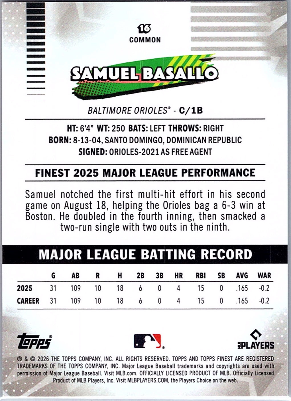 2026 Finest Samuel Basallo #16 Orange Refractors Orioles /25