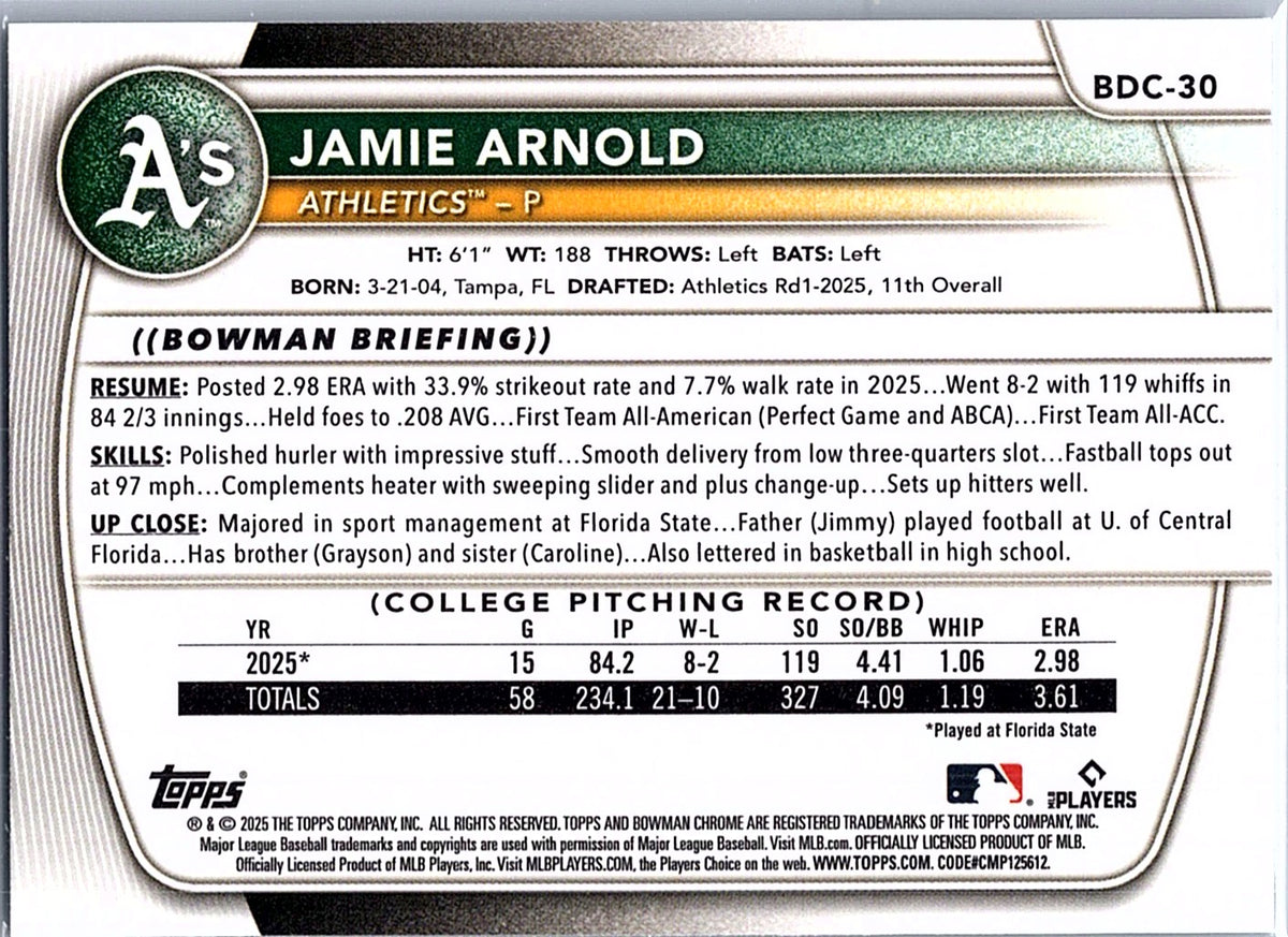 2025 Bowman Draft Jamie Arnold #BDC-30 Chrome Athletics