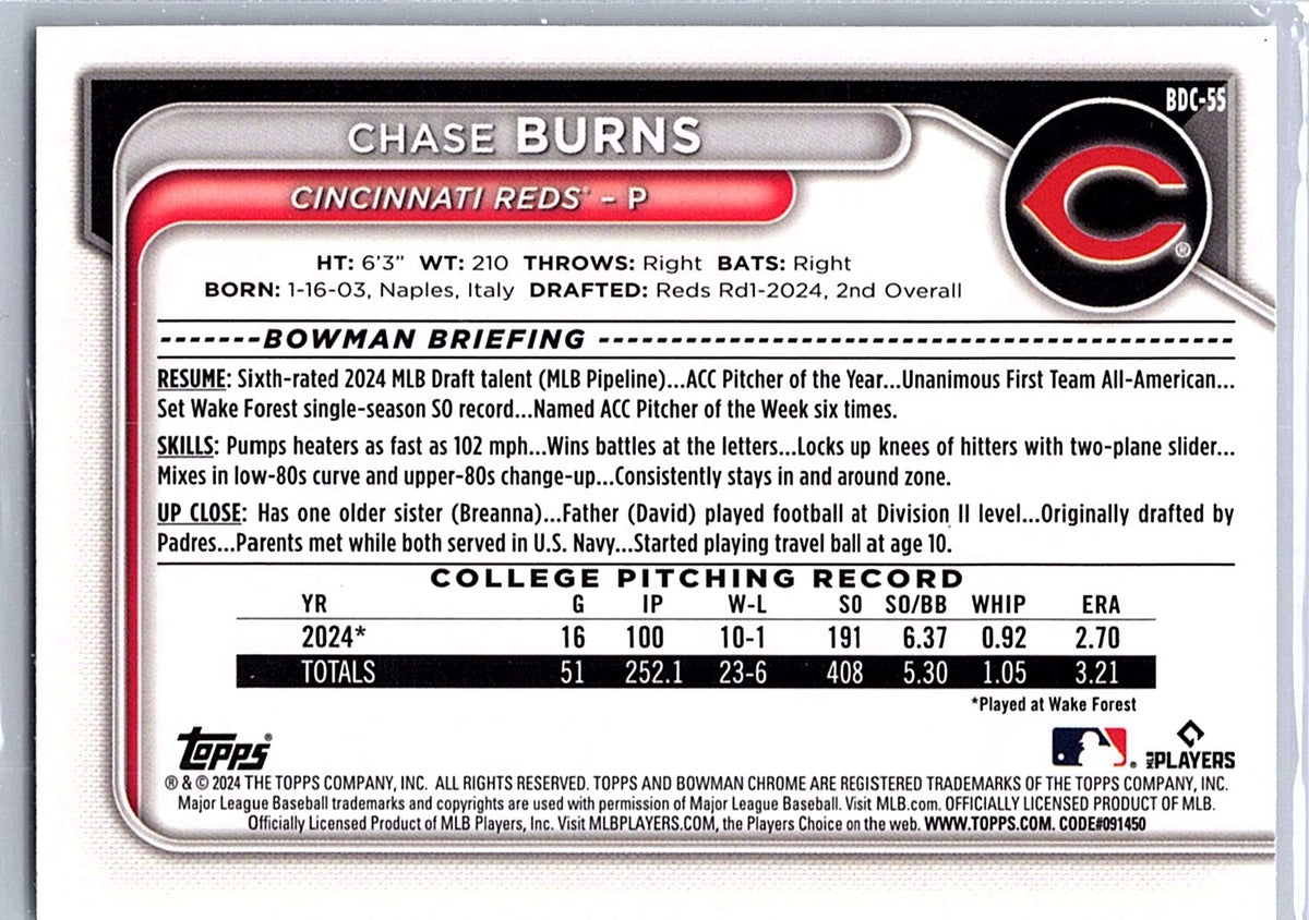 2024 Bowman Draft Chase Burns #BD-55 Cincinnati Reds