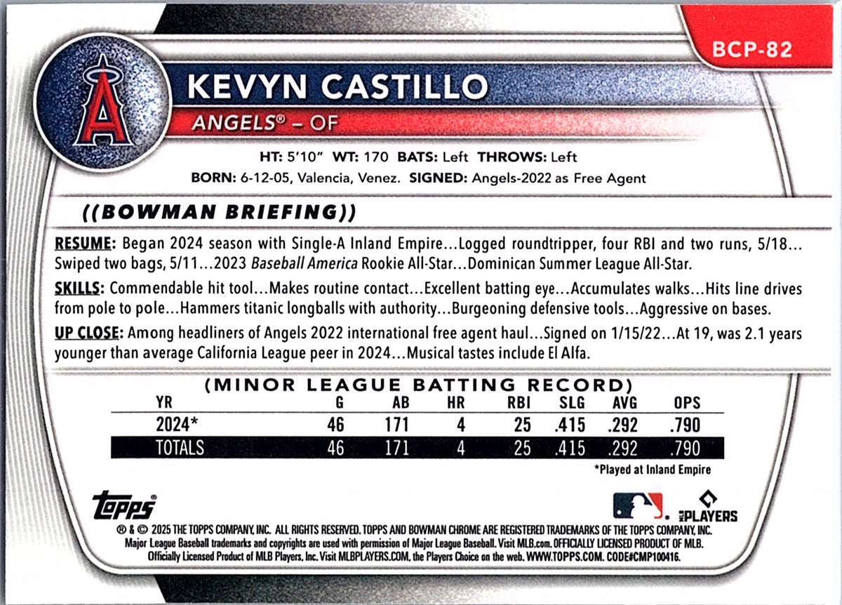 2025 Bowman Kevyn Castillo #BCP-82 Chrome Prospects Los Angeles Angels