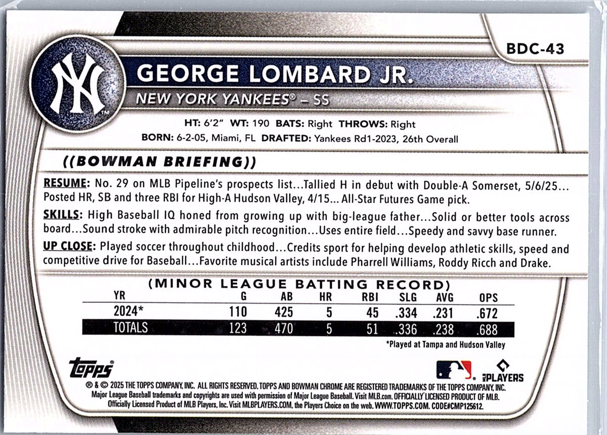 2025 Bowman Draft George Lombard Jr. #BDC-43 Chrome New York Yankees