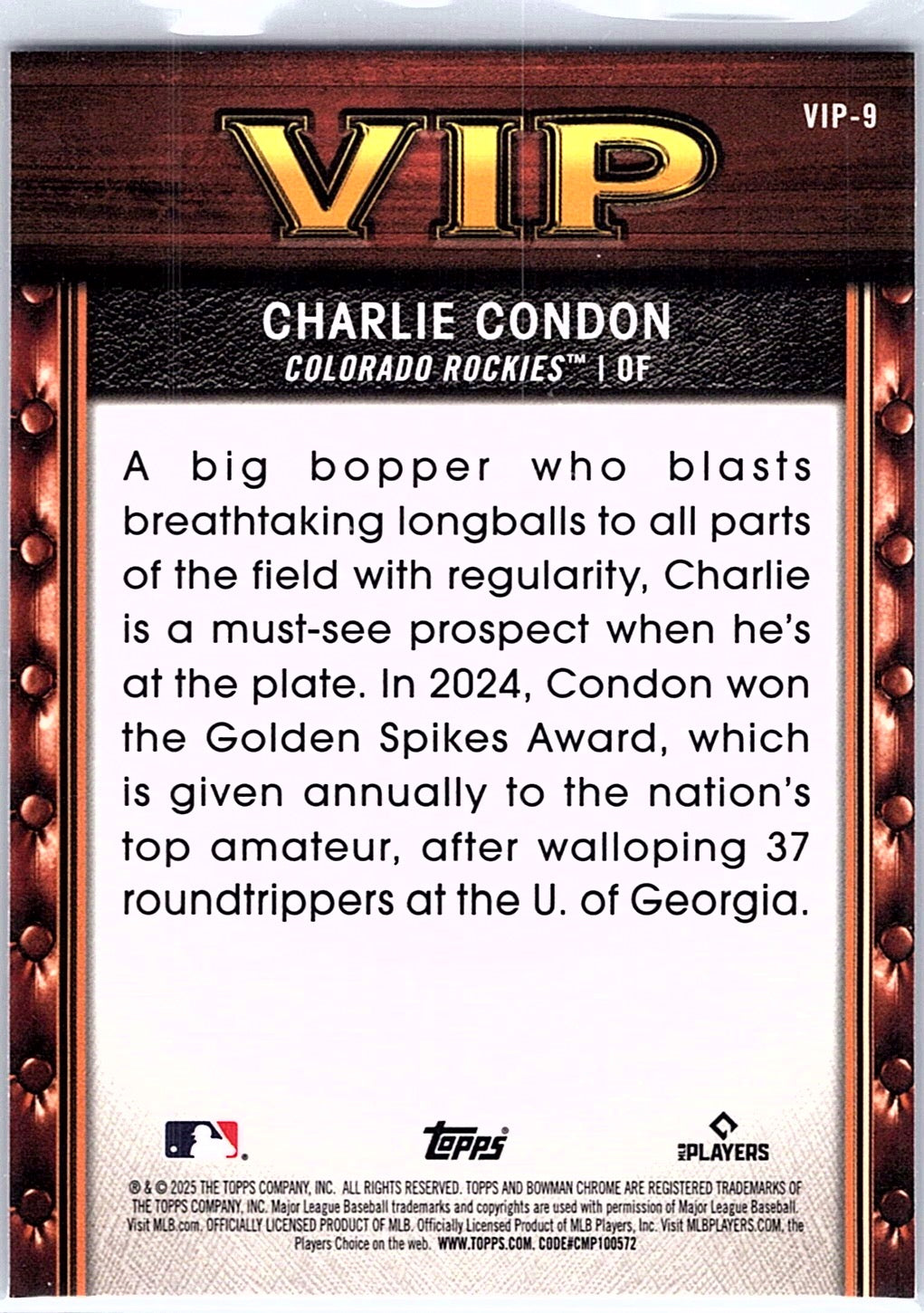 2025 Bowman Charlie Condon #VIP-9 Very Important Prospects Colorado Rockies