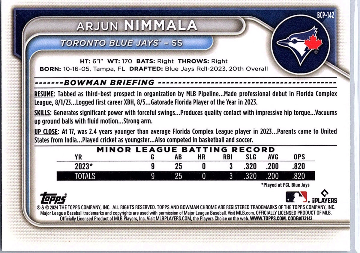 2024 Bowman Arjun Nimmala #BCP-142 Chrome Prospects Toronto Blue Jays