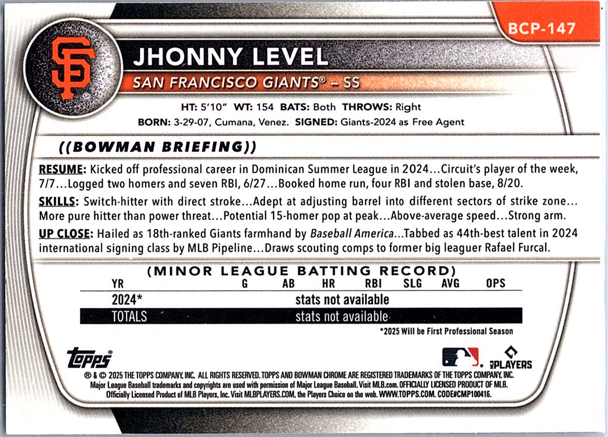 2025 Bowman Jhonny Level #BCP-147 Chrome Prospects San Francisco Giants