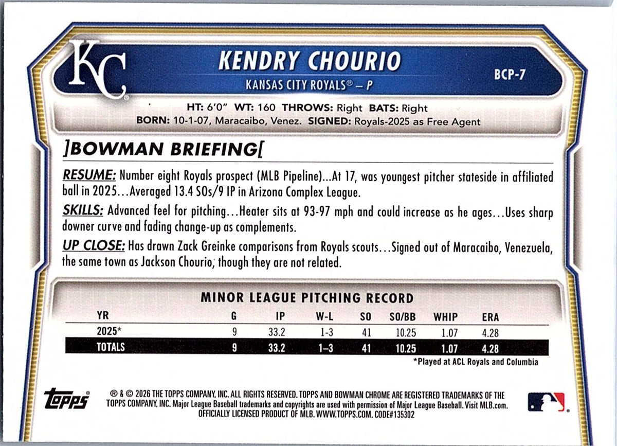 2026 Bowman Kendry Chourio #BCP-7 Chrome Prospects Kansas City Royals