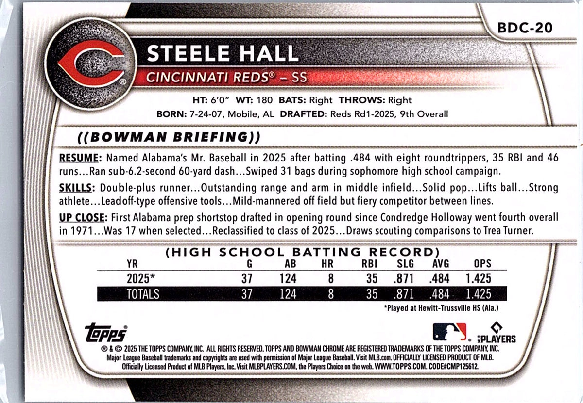 2025 Bowman Draft Steele Hall #BDC-20 Chrome Cincinnati Reds