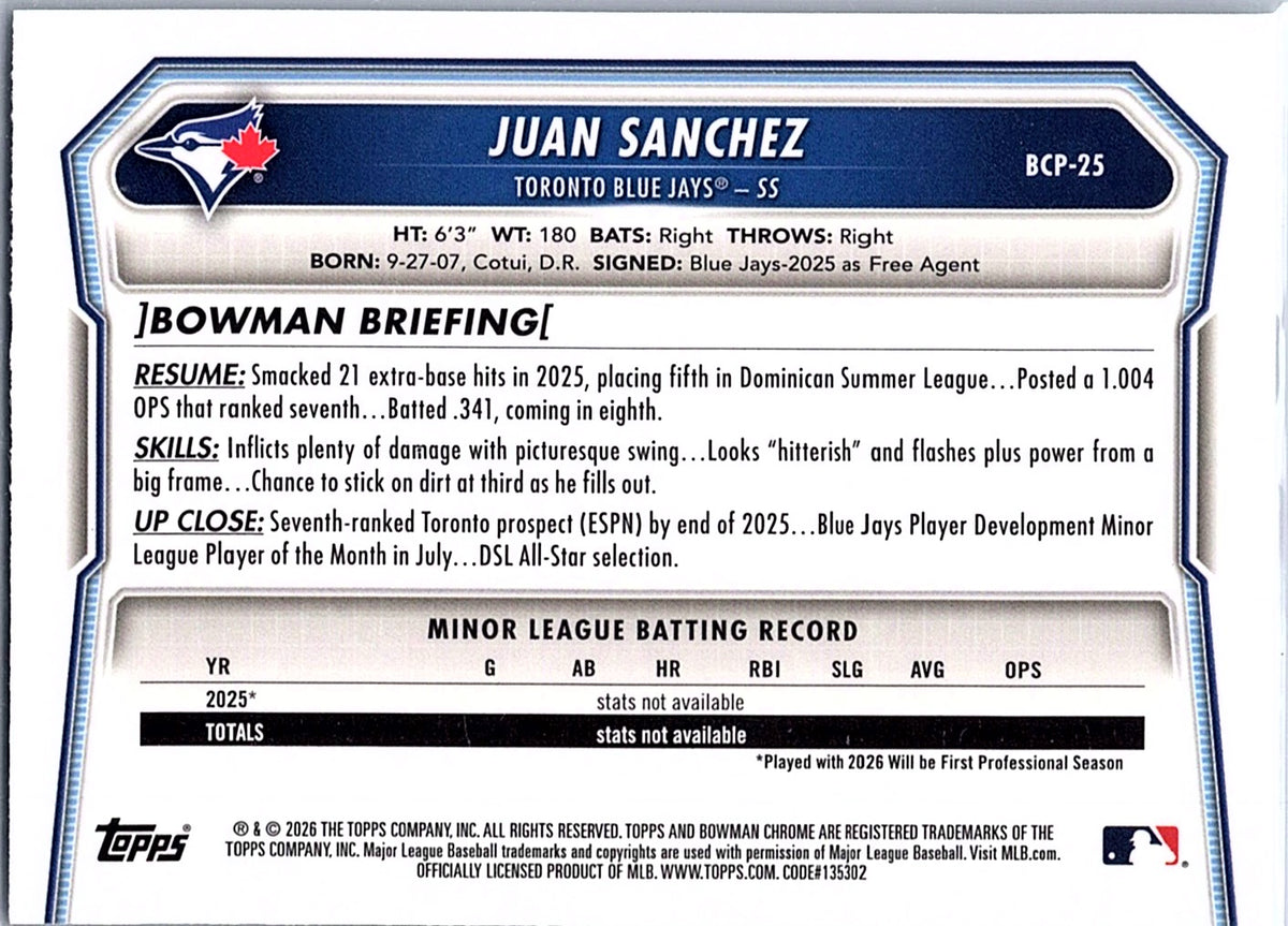 2026 Bowman Juan Sanchez #BCP-25 Chrome Prospects Toronto Blue Jays