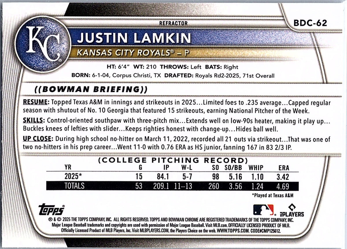2025 Bowman Draft Justin Lamkin #BDC-62 Chrome Refractor Kansas City Royals