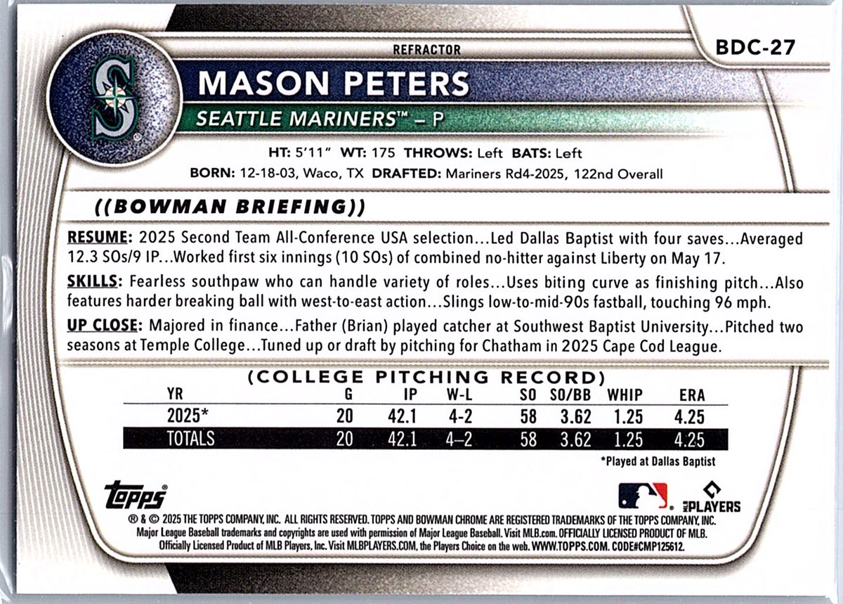 2025 Bowman Draft Mason Peters #BDC-27 Chrome Refractor Seattle Mariners