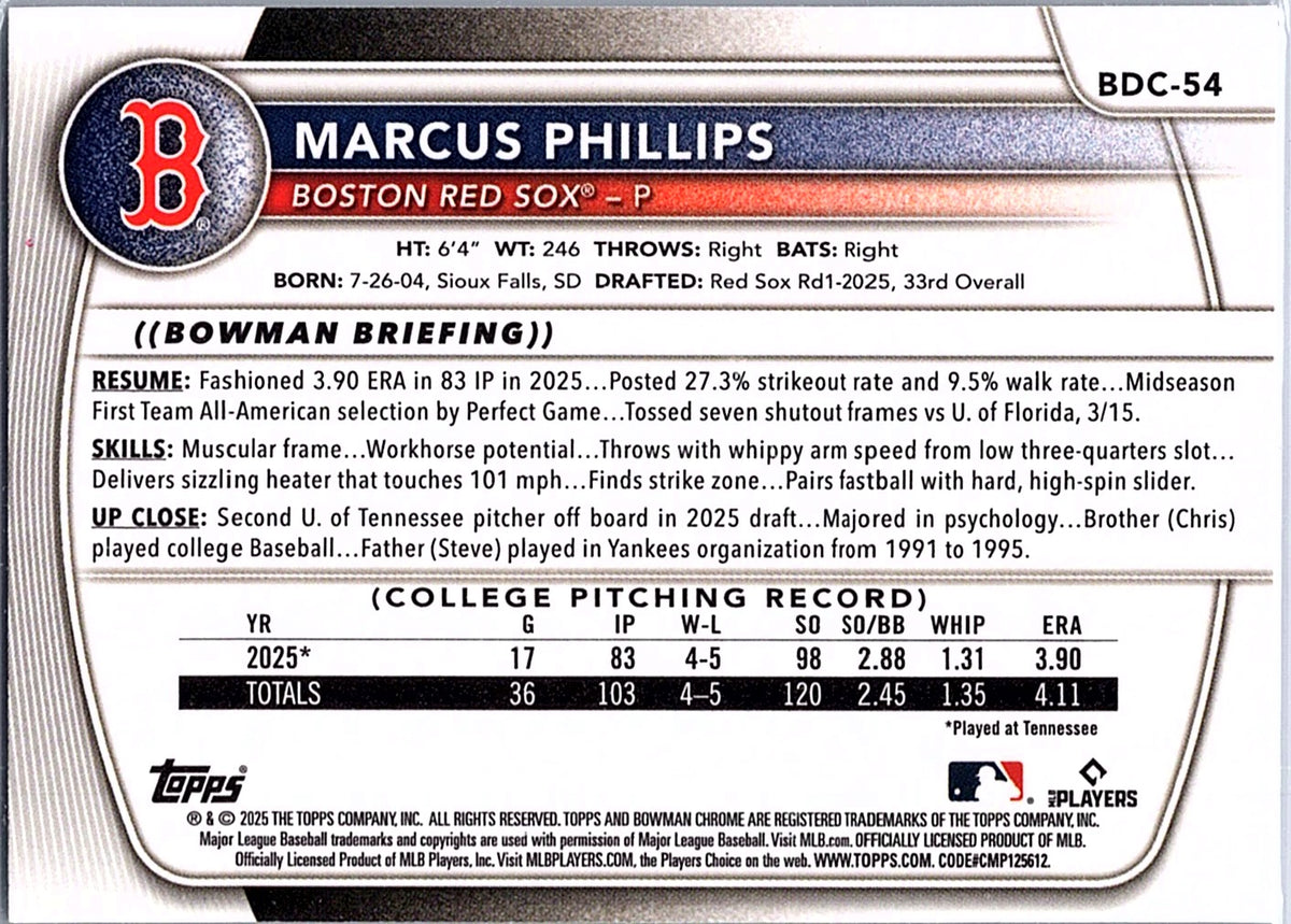 2025 Bowman Draft Marcus Phillips #BDC-54 Chrome Boston Red Sox