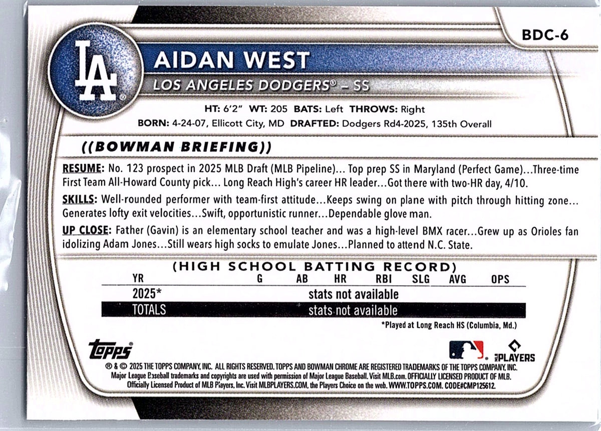 2025 Bowman Draft Aidan West #BDC-6 Chrome Los Angeles Dodgers
